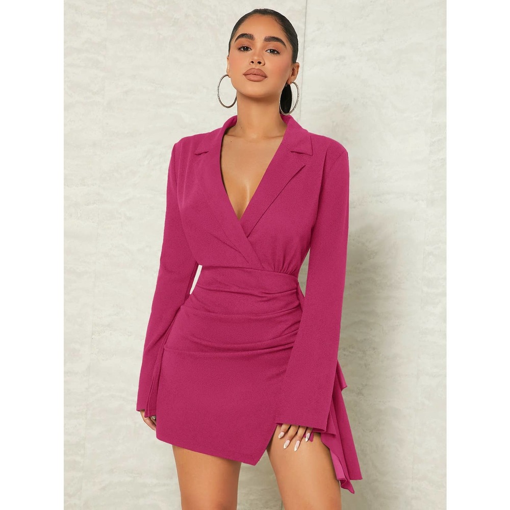 Business casual Collared Ruched v neck Wrap Hem Dress royal blue - Picture 12 of 12